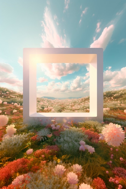 Бесплатное фото 3d-рендеринг квадратной формы, окруженной цветами