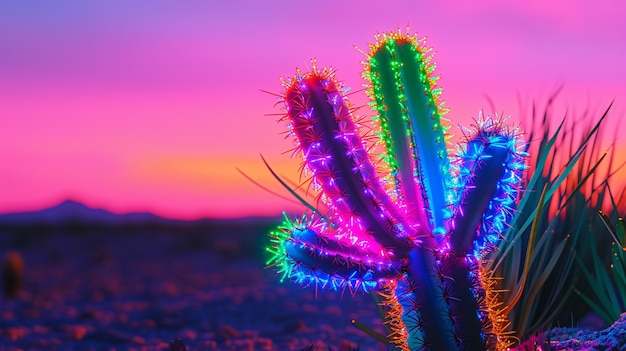 Бесплатное фото 3d-рендеринг яркого неонового кактуса в пустыне.