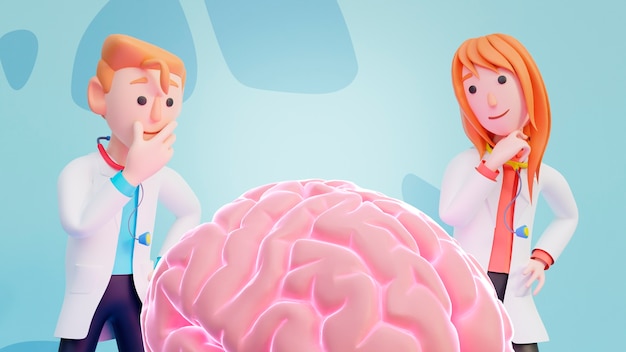 3d rendering of people looking at human brain