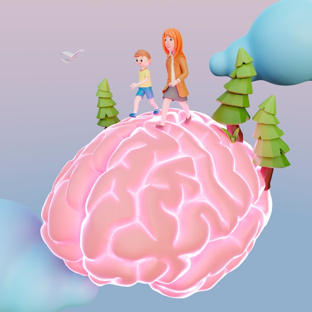 Free photo 3d rendering of people walking on human brain