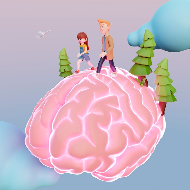 Free photo 3d rendering of people walking on human brain