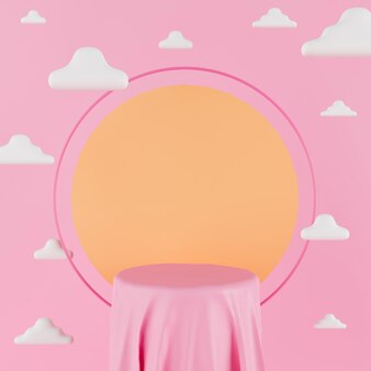노란색 원과 구름이 배경으로 있는 빈 실린더 연단에 3d 렌더링 분홍색 옷