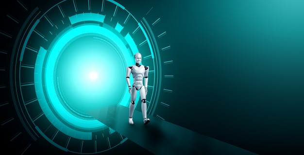 3d rendering robot humanoid in sci fi fantasy world