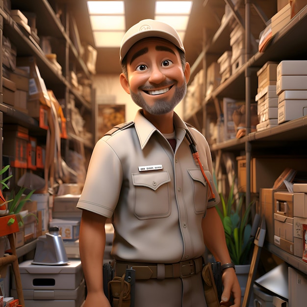 Free photo 3d rendering of a security guard with a smile in a warehouse