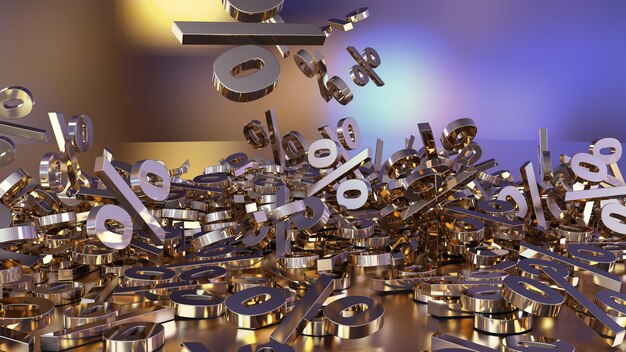 3d rendering of signs percent falling into a heap volumetric signs with a reflective surface