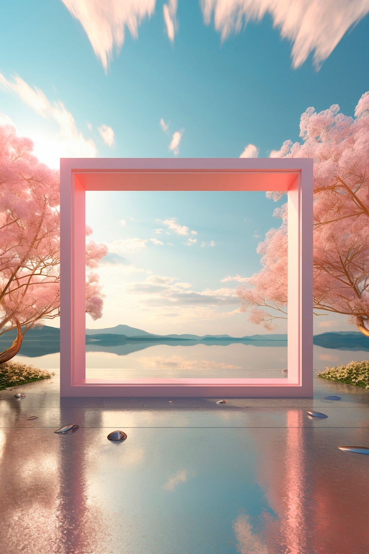무료 Photo 꽃으로 둘러싸인 사각형 모양의 3d 렌더링