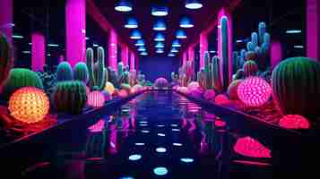 Free photo 3d rendering of vibrant neon cactus in desert