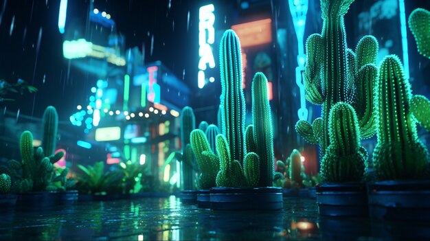 Free photo 3d rendering of vibrant neon cactus in desert