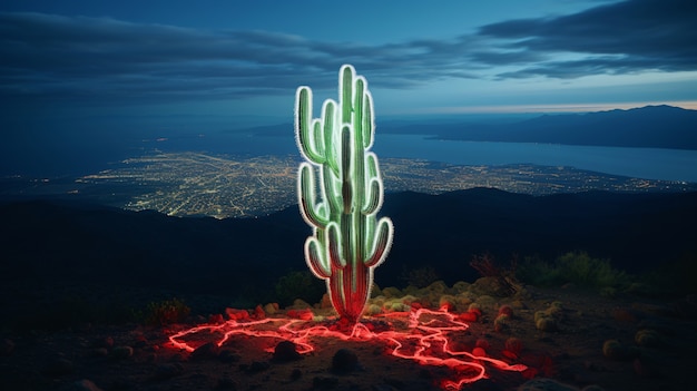 Foto gratuita rendering 3d di un vibrante cactus al neon nel deserto.