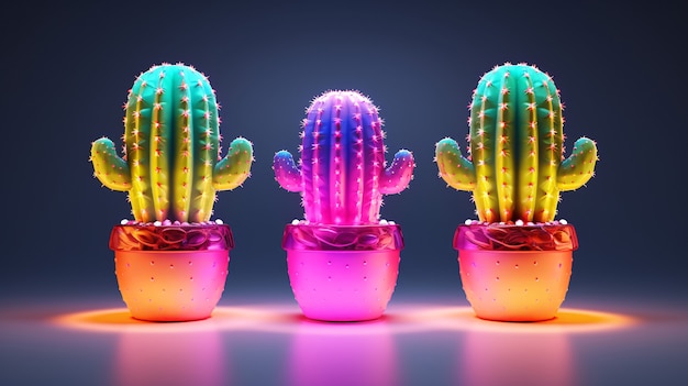 Free photo 3d rendering of vibrant neon cactus in desert