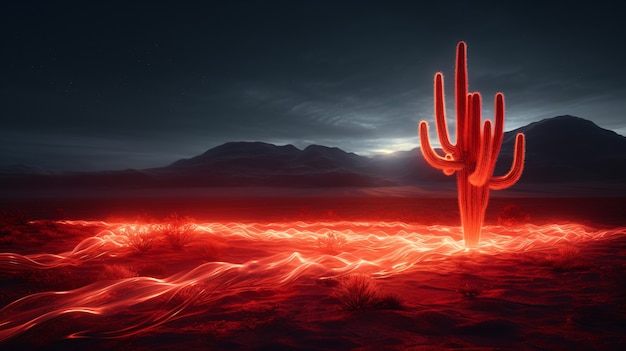 3d rendering of vibrant neon cactus in desert