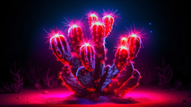 Free photo 3d rendering of vibrant neon cactus in desert