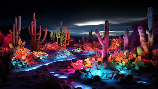 Foto gratuita rendering 3d di un vibrante cactus al neon nel deserto.