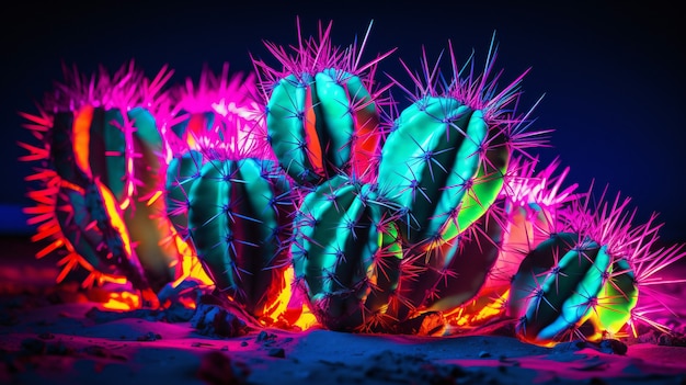 Foto gratuita rendering 3d di un vibrante cactus al neon nel deserto.