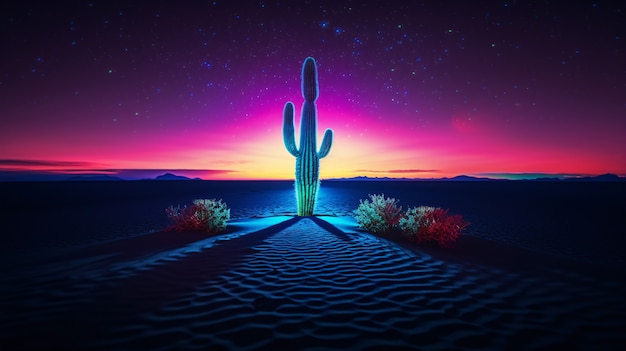 Free photo 3d rendering of vibrant neon cactus in desert