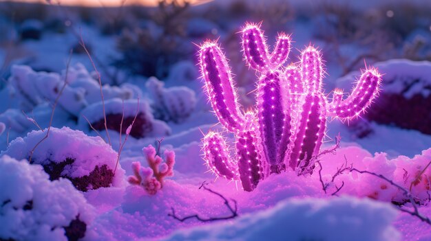 3D-рендеринг яркого неонового кактуса в пустыне.
