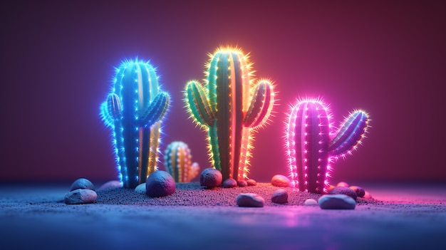 Foto gratuita rendering 3d di un vibrante cactus al neon nel deserto.