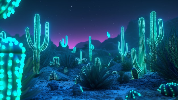 Free photo 3d rendering of vibrant neon cactus in desert