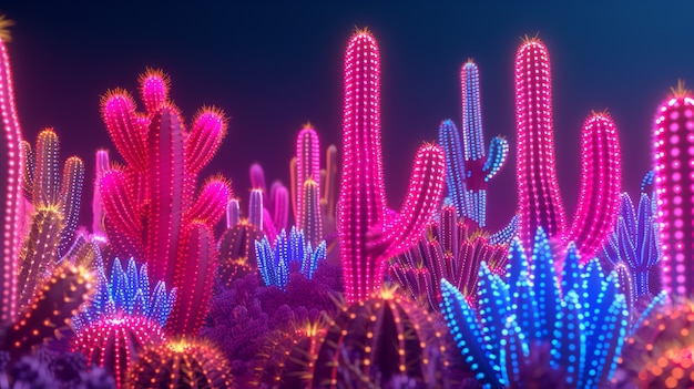 Foto gratuita rendering 3d di un vibrante cactus al neon nel deserto.