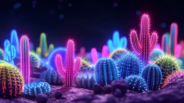 Foto gratuita rendering 3d di un vibrante cactus al neon nel deserto.