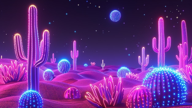 Foto gratuita rendering 3d di un vibrante cactus al neon nel deserto.