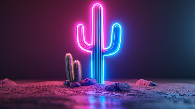 3d rendering of vibrant neon cactus in desert