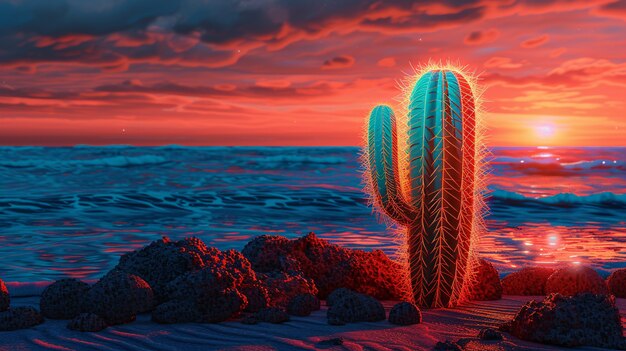 Free photo 3d rendering of vibrant neon cactus in desert