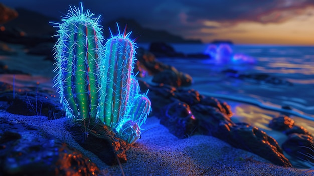 Free photo 3d rendering of vibrant neon cactus in desert