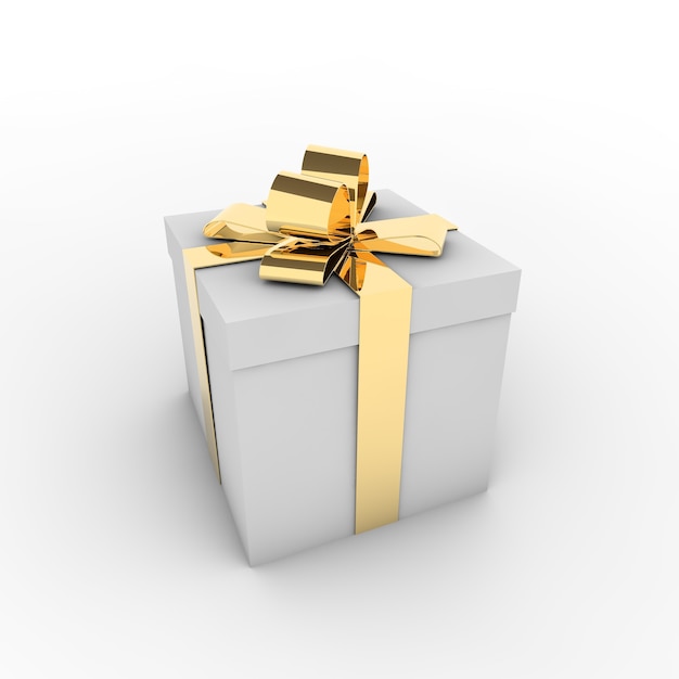 3D rendering of a white gift box with a golden ribbon isolated on a white background