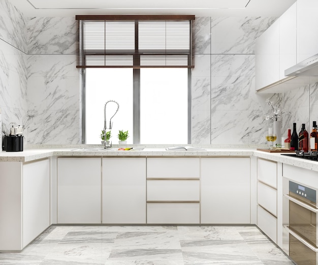 Foto gratuita 3d che rende cucina minima bianca con la decorazione di legno
