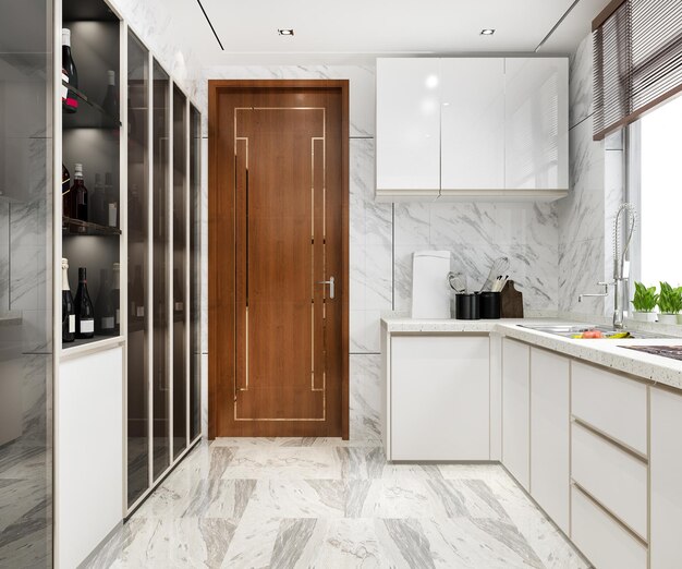 3d rendering white minimal kitchen with wood decoration