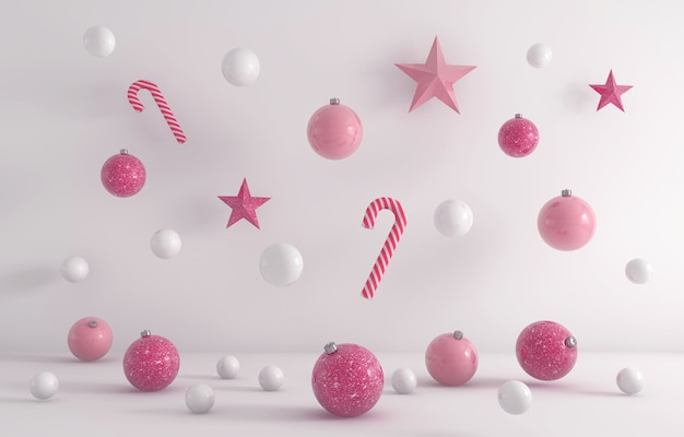 Free photo 3d rendering of white and pink christmas ornaments hanging on a white background