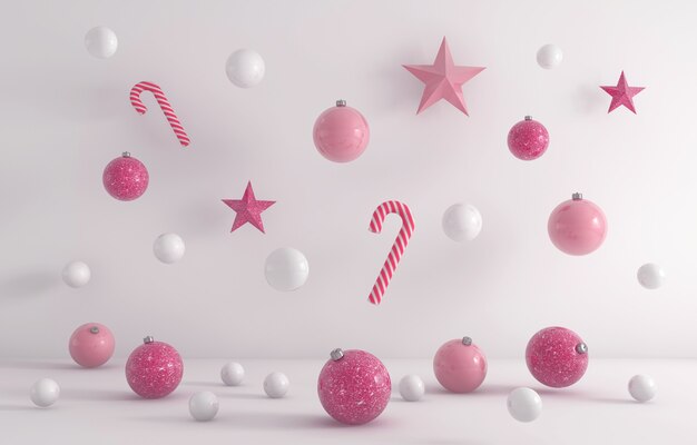 3D rendering of white and pink Christmas ornaments hanging on a white background