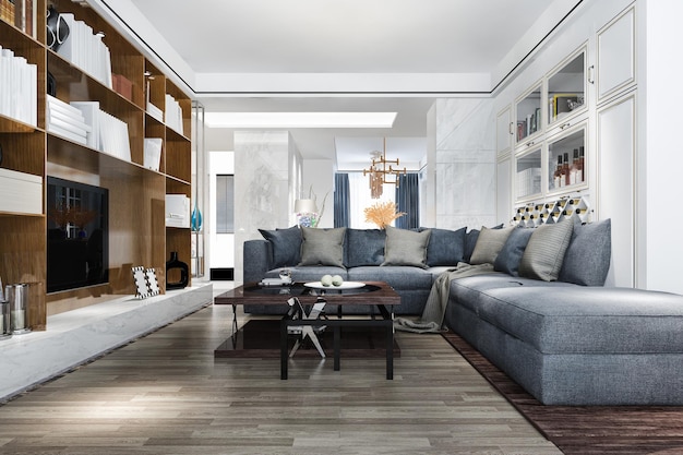 3d-рендеринг деревянной классической гостиной с мраморной плиткой, книжной полкой и диваном