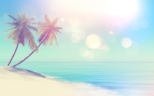 3D retro styled tropical landscape with palm trees 