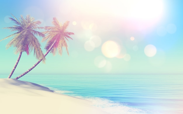 3D retro styled tropical landscape with palm trees 