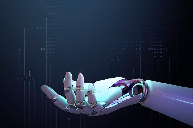 3Dロボットの手の背景、AI技術の側面図