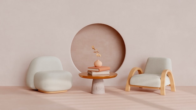 Бесплатное фото 3d декор комнаты с мебелью в минималистичных бежевых тонах