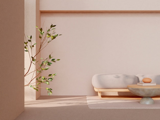 3d room decor with furniture in minimalist beige tones