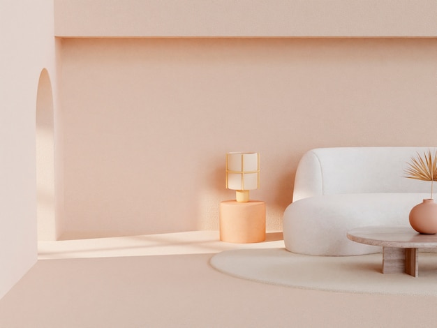3d room decor with furniture in minimalist beige tones
