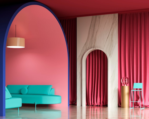 3d дизайн интерьера комнаты с синим диваном