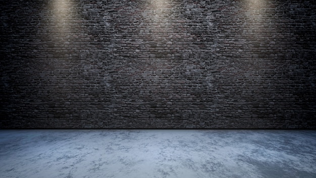 3D room interior with brick wall with spotlights shining down