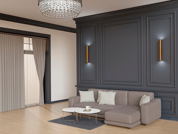 3d room interior with classic design and furniture