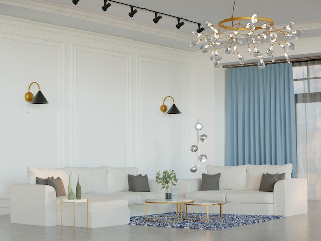 クラシックなデザインと家具を備えた 3D 部屋のインテリア