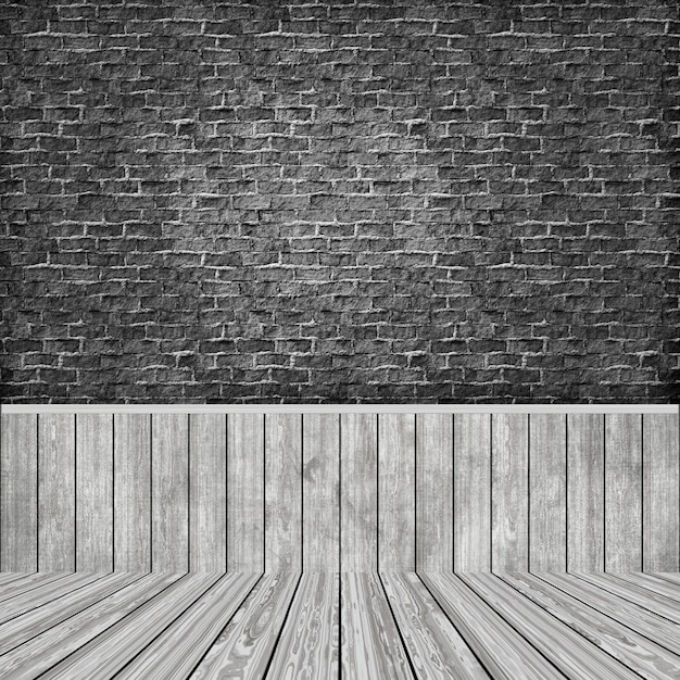 Free photo 3d room interior with grunge brick wall and wooden floor