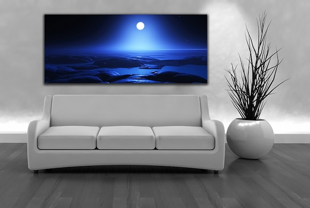 壁にソファと月明かりの風景キャンバスのレンダリング3dは