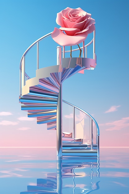 3d rose flower with stairs