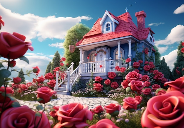 3D 장미 꽃과 환상적인 집