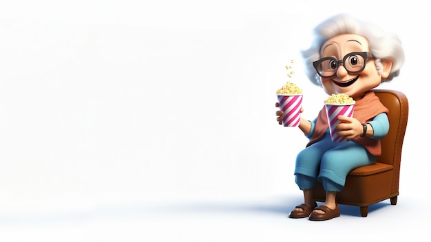 Бесплатное фото Трехмерная старшая женщина с попкорном в кинотеатре и копировальным пространством
