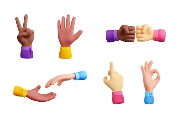 Free photo 3d set of multiethnic hand gestures on white